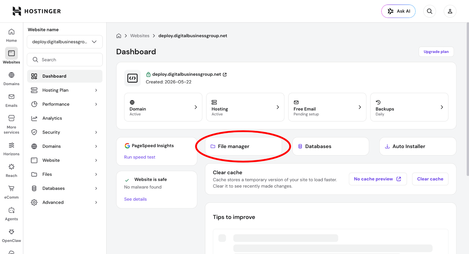Mở File Manager trong dashboard Hostinger