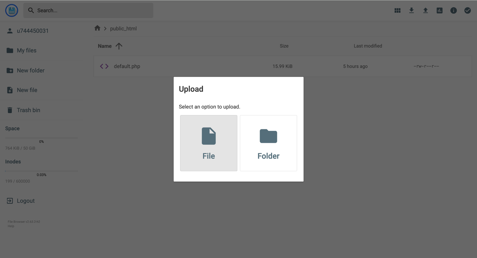Chọn upload file trong File Manager