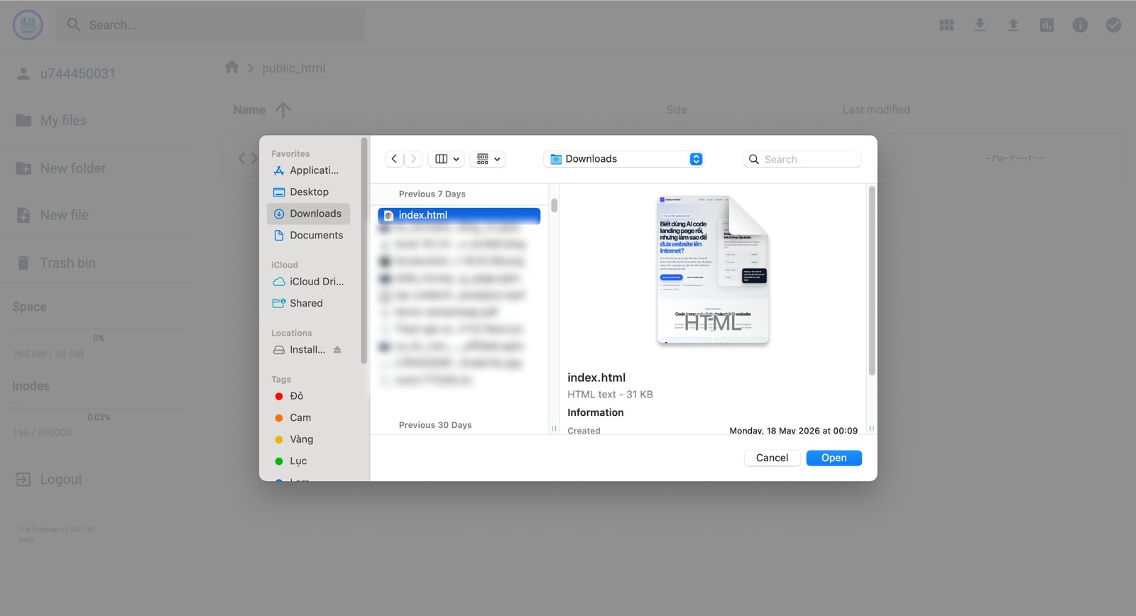Chọn file index.html từ máy tính để upload